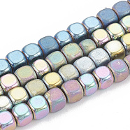 Electroplate Non-magnetic Synthetic Hematite Beads Strands, Half Matte Style, Cube, Mixed Color, 3x3x3mm, Hole: 0.8mm, about 140pcs/strand, 15.7 inch(G-N0318-40-A)