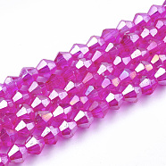 Electroplate Glass Beads Strands, AB Color, Faceted, Bicone, Magenta, 4~4.5x4mm, Hole: 1mm, about 92~96pcs/strand, 13.78~14.37 inch(35~36.5 cm)(X-EGLA-Q118-4mm-A01)