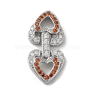 Brass Micro Pave Cubic Zirconia Fold Over Clasps, Heart, Real Platinum Plated, Chocolate, 29x14x4.5mm(KK-H455-53P-02)