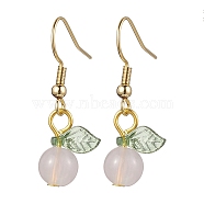 Acrylic Dangle Earrings, with 304 Stainless Steel Earring Hooks, Round with Leaf, Pearl Pink, 32.5x12.5mm(EJEW-JE05749-03)