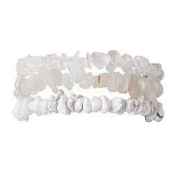 3Pcs Natural Quartz Crystal & Synthetic White Howlite & Natural White Moonstone Chip Beaded Stretch Bracelet Sets, Inner Diameter: 2~2-1/8 inch(5.2~5.5cm)(BJEW-JB10857)