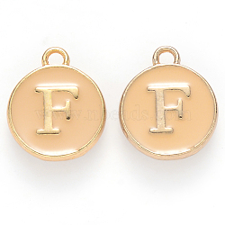 Golden Plated Alloy Enamel Charms, Cadmium Free & Lead Free, Enamelled Sequins, Flat Round with Letter, Wheat, Letter.F, 14x12x2mm, Hole: 1.5mm(X-ENAM-S118-06F)