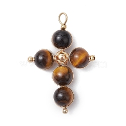 Natural Tiger Eye Pendants, with  Copper Wire, Cross, 33x22x6.5mm, Hole: 3x2.5mm(PALLOY-JF02886-02)