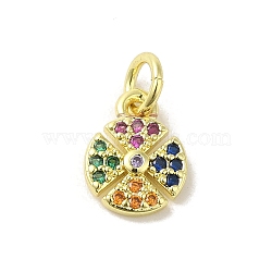 Brass Micro Pave Cubic Zirconia Charms, Real 18K Gold Plated, Flat Round Charms, Colorful, 10x7.5x2mm, Hole: 3mm(KK-M283-25E-02)