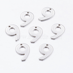 Tarnish Resistant 201 Stainless Steel Pendants, Stainless Steel Color, Number 9, 11x8x0.7mm, Hole: 0.5mm(STAS-F128-01P-9-1)
