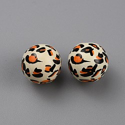 Printed Wood Beads, Animal Print Round, Beige, Leopard Print Pattern, 15.5x14.5mm, Hole: 3.5mm(WOOD-SZC0001-07D)