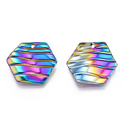 Ion Plating(IP) 304 Stainless Steel Pendants, Hexagon Charm, Rainbow Color, 17x19x2mm, Hole: 1.2mm(STAS-T063-204M)