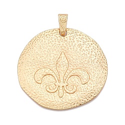 Plating Hammered Alloy Big Pendants, Flat Round with Fleur De Lis, Lead Free & Nickel Free & Cadmium Free, Golden, 64x67.5x2.5mm, Hole: 5.5x13.5mm(PALLOY-T090-09G)