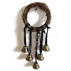 Rattan & Iron Witch Bells Wind Chimes Door Hanging Pendant Decoration, for Garden Home Decoration Bell, Round Pattern, 300mm(WICR-PW0001-25C)