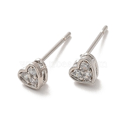 Clear Cubic Zirconia Heart Stud Earrings, Long-Lasting Plated Brass Jewelry for Women, Cadmium Free & Lead Free, Real Platinum Plated, 4x4.5mm, Pin: 1mm(EJEW-K093-24P)