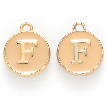 Golden Plated Alloy Enamel Charms, Cadmium Free & Lead Free, Enamelled Sequins, Flat Round with Letter, Wheat, Letter.F, 14x12x2mm, Hole: 1.5mm