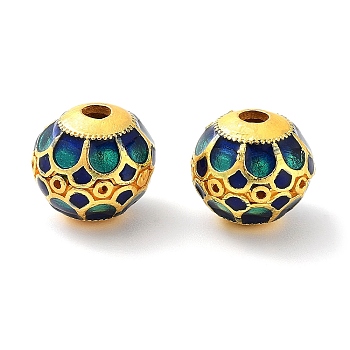 Alloy Enamel Beads, Golden, Round, Teal, 11x9mm, Hole: 2mm