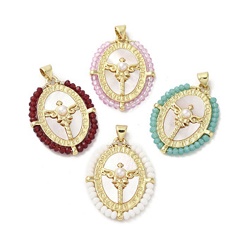 Brass Pave Shell Pendants, Oval Charms with Glass Beads Wrapped and ABS Imitation Pearl Beads, Real 18K Gold Plated, Mixed Color, 31~32x23.5x4.5mm, Hole: 3.5x4.5mm