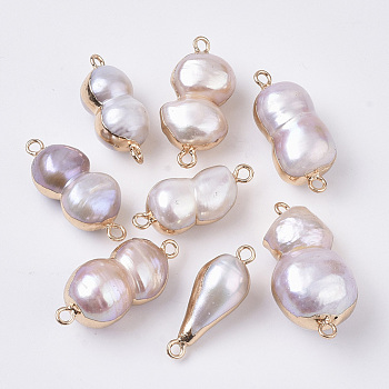 atural Cultured Freshwater Pearl Links connectors, with Brass Loop, Edge Plated, Calabash, Golden, Thistle, 23~31x9~15x8.5~14mm, Hole: 1.8mm