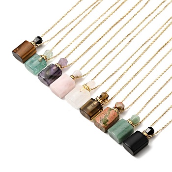 Openable Natural & Synthetic Mixed Stone Perfume Bottle Pendant Necklaces for Women, 304 Stainless Steel Cable Chain Necklaces, Golden, 18.74 inch(47.6cm)