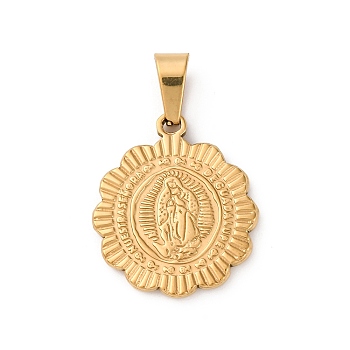 201 Stainless Steel Pendants, PVD Vacuum Plating, Long-Lasting Plated, Flat Round with Virgin Mary Charm, Golden, 21x18.5x2mm, Hole: 7x3mm