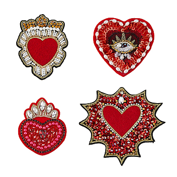 4Pcs 4 Style Heart Beading Sequin Rhinestone Costume Accessories, for Valentine's Day, Red, 86~140x71~140mm, 1pc/style