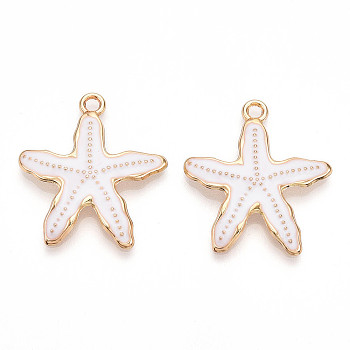 Alloy Enamel Pendants, Rack Plating, Cadmium Free & Nickel Free & Lead Free, Starfish Charm, Golden, White, 29.7x26x3.3mm, Hole: 2mm