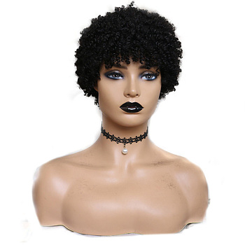 Afro Short Curly Wigs for Women, Synthetic Wigs with Bangs, Heat Resistant High Temperature Fiber, Black, 11 inch(28cm)