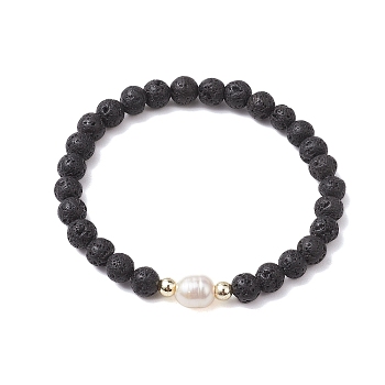 6mm Round Natural Lava Rock & Pearl Beaded Stretch Bracelets for Women, Floral White, Inner Diameter: 2 inch(5cm)