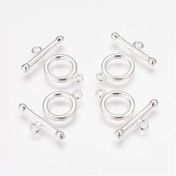 Brass Toggle Clasps, Silver Color Plated, Ring: 11x2mm, Bar: 19x2mm, Hole: 1.8mm