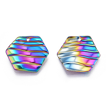 Ion Plating(IP) 304 Stainless Steel Pendants, Hexagon Charm, Rainbow Color, 17x19x2mm, Hole: 1.2mm