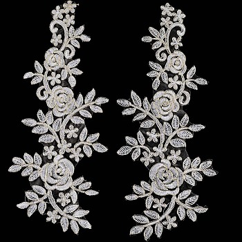 Polyester Metallic Embroidery Lace Appliques, Ornament Accessories for Cheongsam, Dress, Flower, Beige, 360x145x1mm