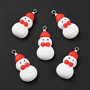 Christmas Opaque Resin Pendants, with Platinum Tone Iron Loops, Snowman Charm, White, 34x16x8.5mm, Hole: 2x2.6mm