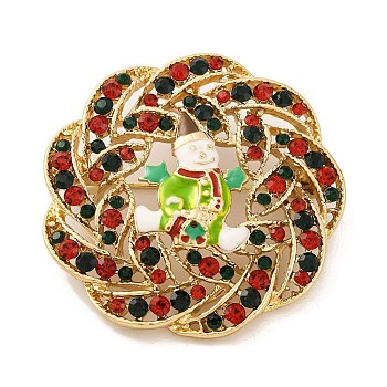 Christmas Theme Santa Flower Enamel Pins, Alloy Rhinestone Brooches for Backpack Clothes, Golden, 46x46x6mm