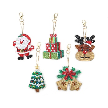 Christmas Theme DIY Diamond Painting Keychain Kit, Including Acrylic Board, Keychain Clasp, Bead Chain, Resin Rhinestones Bag, Diamond Sticky Pen, Tray Plate and Glue Clay, Mixed Shapes, 150x80mm, 5pcs/set