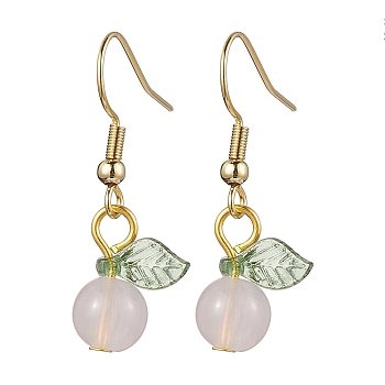 Acrylic Dangle Earrings, with 304 Stainless Steel Earring Hooks, Round with Leaf, Pearl Pink, 32.5x12.5mm