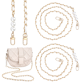 PU Leather Bag Straps, with  Aluminum Chain and ABS Imitation Pearls, Alloy Swivel Clasps, White, 116x0.8x0.4cm