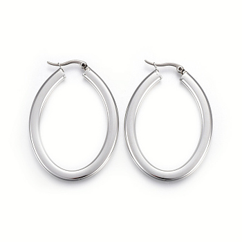 304 Stainless Steel Hoop Earrings, Hypoallergenic Earrings, Flat Oval, Stainless Steel Color, 49x36x3mm, Pin: 0.8x1mm