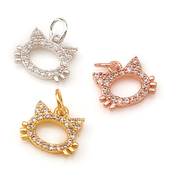 Brass Micro Pave Cubic Zirconia Charms, with Jump Rings, Cat Shape, Clear, Mixed Color, 7.5x9x1.5mm, Jump Ring: 4x0.6mm, Hole: 2.5mm