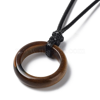 Natural Tiger Eye Ring Pendant Necklace with Waxed Cords(NJEW-R262-01B-07)-2