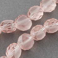 Frosted Glass Bead Strands, Faceted, Flat Round, Pink, 6x3~4mm, Hole: 1mm(FGLA-R038-6mm-09)