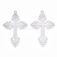 201 Stainless Steel Filigree Pendants, Etched Metal Embellishments, Cross, Stainless Steel Color, 40x25x0.3mm, Hole: 1.6mm(X-STAS-S118-033P)