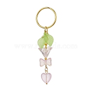 Bowknot & Heart Glass Pendant Decorations, with Acrylic Leaf/Flower Charm amd Iron Split Key Rings, Misty Rose, 8.8cm(KEYC-JKC00691-03)
