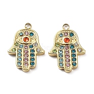 Ion Plating(IP) 304 Stainless Steel Pendants, with Colorful Rhinestone, Hamsa Hand with Eye Charm, Real 18K Gold Plated, 17.5x12x3mm, Hole: 1.6mm(STAS-Q254-16G)