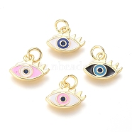 Brass Micro Pave Cubic Zirconia Pendants, with Enamel, Evil Eye, Golden, 10.4x13.4x2mm, Hole: 3mm(KK-G374-25G)