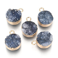 Natural Druzy Agate Pendants, with Real 18K Gold Plated Brass Finding, Long-Lasting Plated, Flat Round, Dyed, Steel Blue, 18~20x14x5~10mm, Hole: 2~3mm(G-L566-A03)