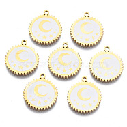 316 Surgical Stainless Steel Charms, with Shell, Real 14K Gold Plated, Flat Round with Moon & Star, Seashell Color, 17x15x1.5mm, Hole: 1.5mm(STAS-N097-053)