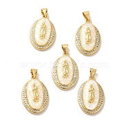 Rack Plating Brass Micro Pave Cubic Zirconia with Synthetic Opal Pendants, with Jump Ring, Lead Free & Cadmium Free, Long-Lasting Plated, Oval with Saint, Real 18K Gold Plated, 22.5x15x4mm, Hole: 5x3.6mm(KK-D088-12G)