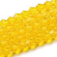 Transparent Glass Beads Strands, Faceted, Bicone, Gold, 3x2.5mm, Hole: 0.7mm, about 162~185pcs/strand, 12.76~14.61 inch(32.4~37.1cm)(GLAA-F029-2mm-22)
