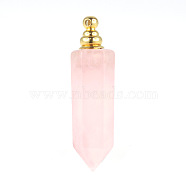 Natural Rose Quartz Openable Perfume Bottle Pendants, Faceted Pointed Bullet Perfume Bottle Charms with Golden Plated Metal Cap, 44x12mm(BOTT-PW0011-06C)