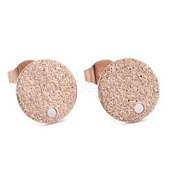 Ion Plating(IP) 304 Stainless Steel Stud Earring Findings, with Earring Backs & Loop, Textured, Flat Round, Rose Gold, 10x1mm, Hole: 1.4mm, Pin: 0.8mm(STAS-Z021-B-01RG)