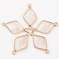 Natural Quartz Links, with Light Golden Plated Edge Brass Loops, Rhombus, Faceteded, 30x15.5x4.5mm, Hole: 2mm(G-R464-004A)