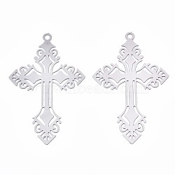 Non-Tarnish 201 Stainless Steel Filigree Pendants, Etched Metal Embellishments, Cross, Stainless Steel Color, 40x25x0.3mm, Hole: 1.6mm(X-STAS-S118-033P)