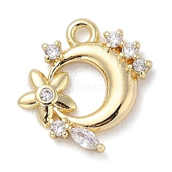 Brass with Cubic Zirconia Charms, Moon with Star, Real 18K Gold Plated, 11x12x2mm, Hole: 1.2mm(KK-Q817-06G)