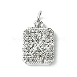 Rack Plating Brass Micro Pave Clear Cubic Zirconia Charms, Long-Lasting Plated, Lead Free & Cadmium Free, Rectangle with Letter Pattern, with Jump Ring, Platinum, Letter X, 14x9.5x2mm, Hole: 3mm(KK-G501-01X-P)